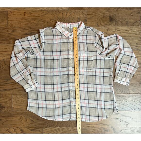 Sheer Plaid Button Up Shirt Long Sleeve‎ Top with Pocket Casual - Picture 4 of 6